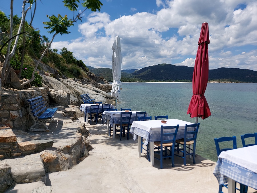 Traditional white and blue tavern in Sithonia Greece