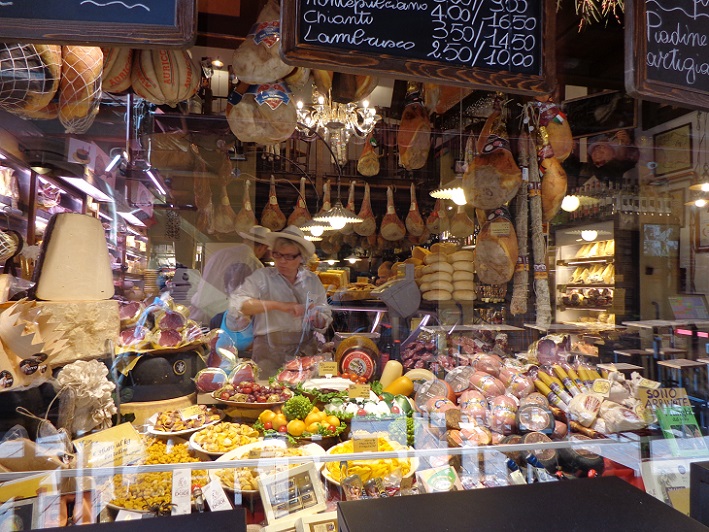 A shop in the open air food market of Il Quadrilatero in Bologna.