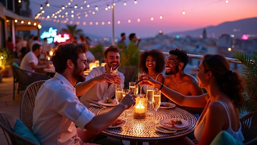 dinner party with friends at sunset terrace in cigar-friendly location