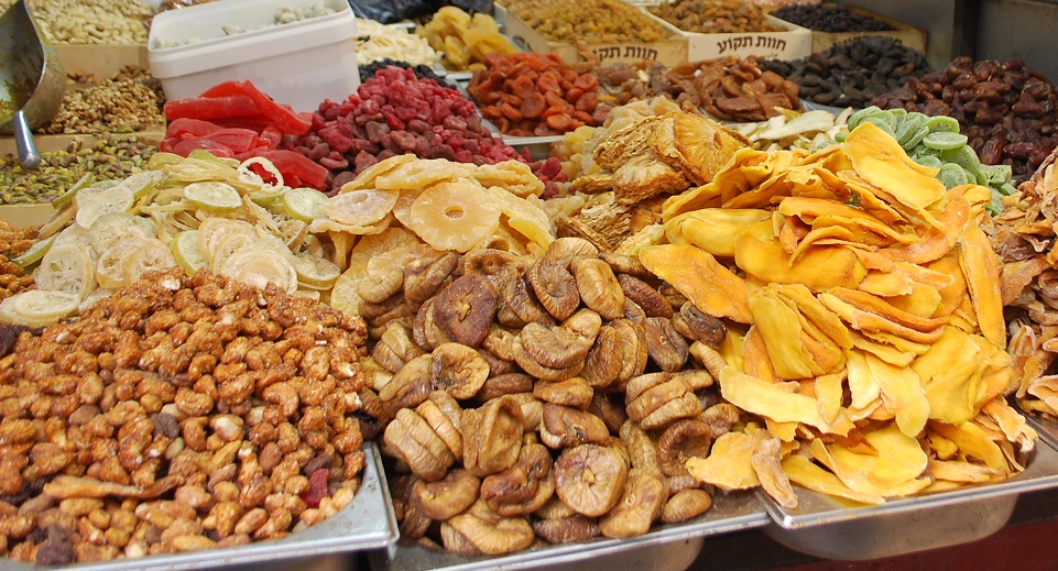 You will find dried fruit in every corner of the food markets in Tel Aviv, Israel.
