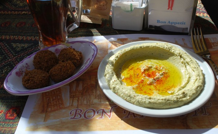 The most famous street food in Israel: falafel and hummus.