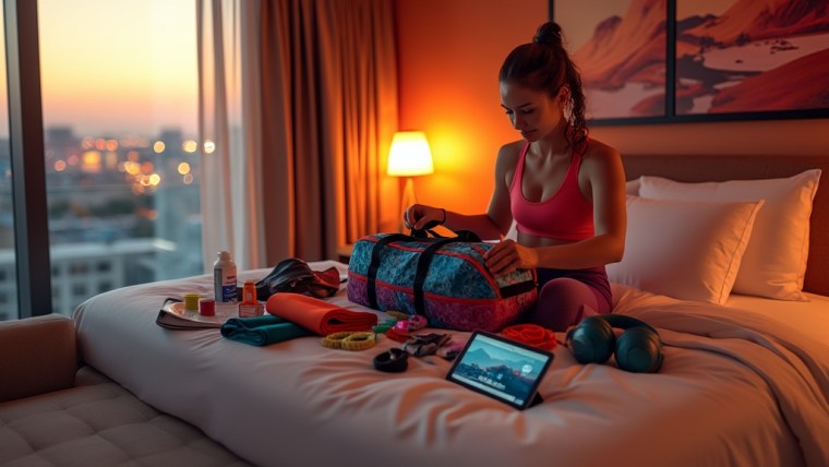 Young athlete packing suitcase; Athlete packing sports gear