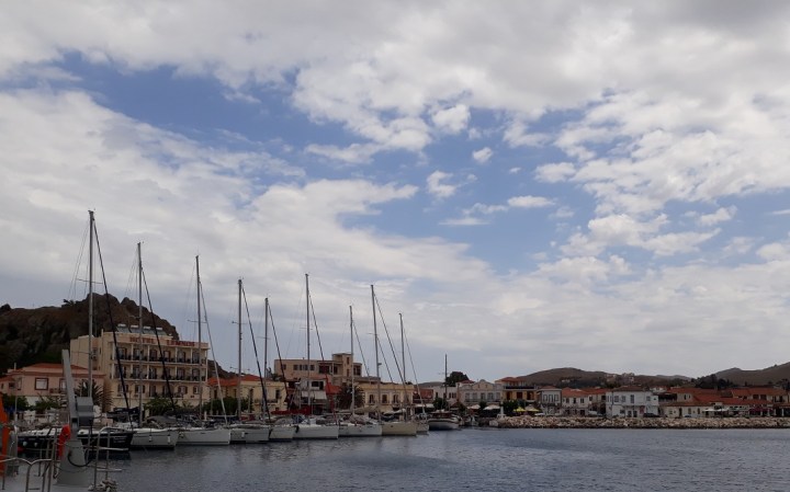 Myrina waterfront as you aproach Lemnos from the sea.