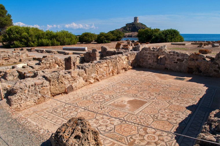 Mosaic floor from the Roman times at the archaeological park in Nora, Sardinia.