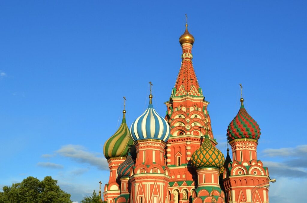 St. Basil's Church and its colorful domes in the Red Square of Moscow.