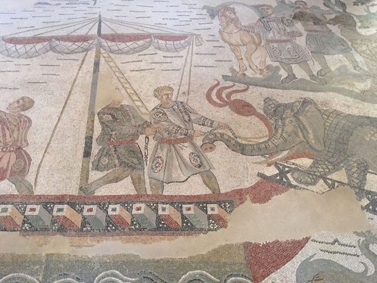 Mosaic representing an elephant and a ship, at Villa Romana del Casale.