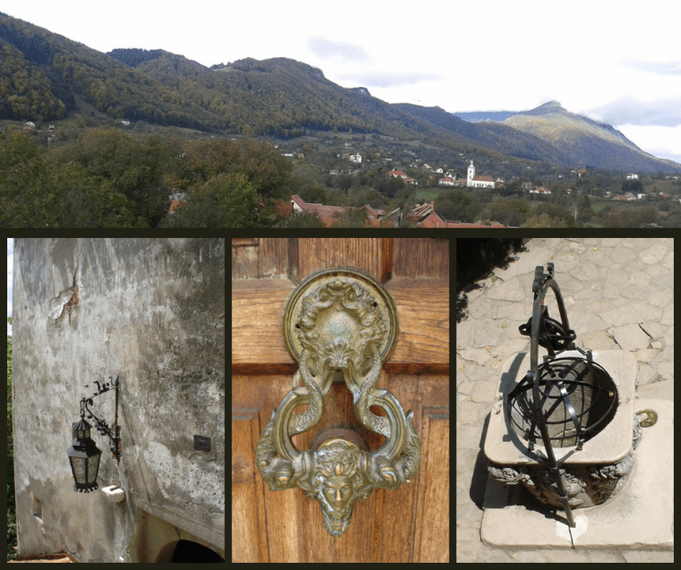 A view of the surrounding area and details of Bran Castle in Transilvania.